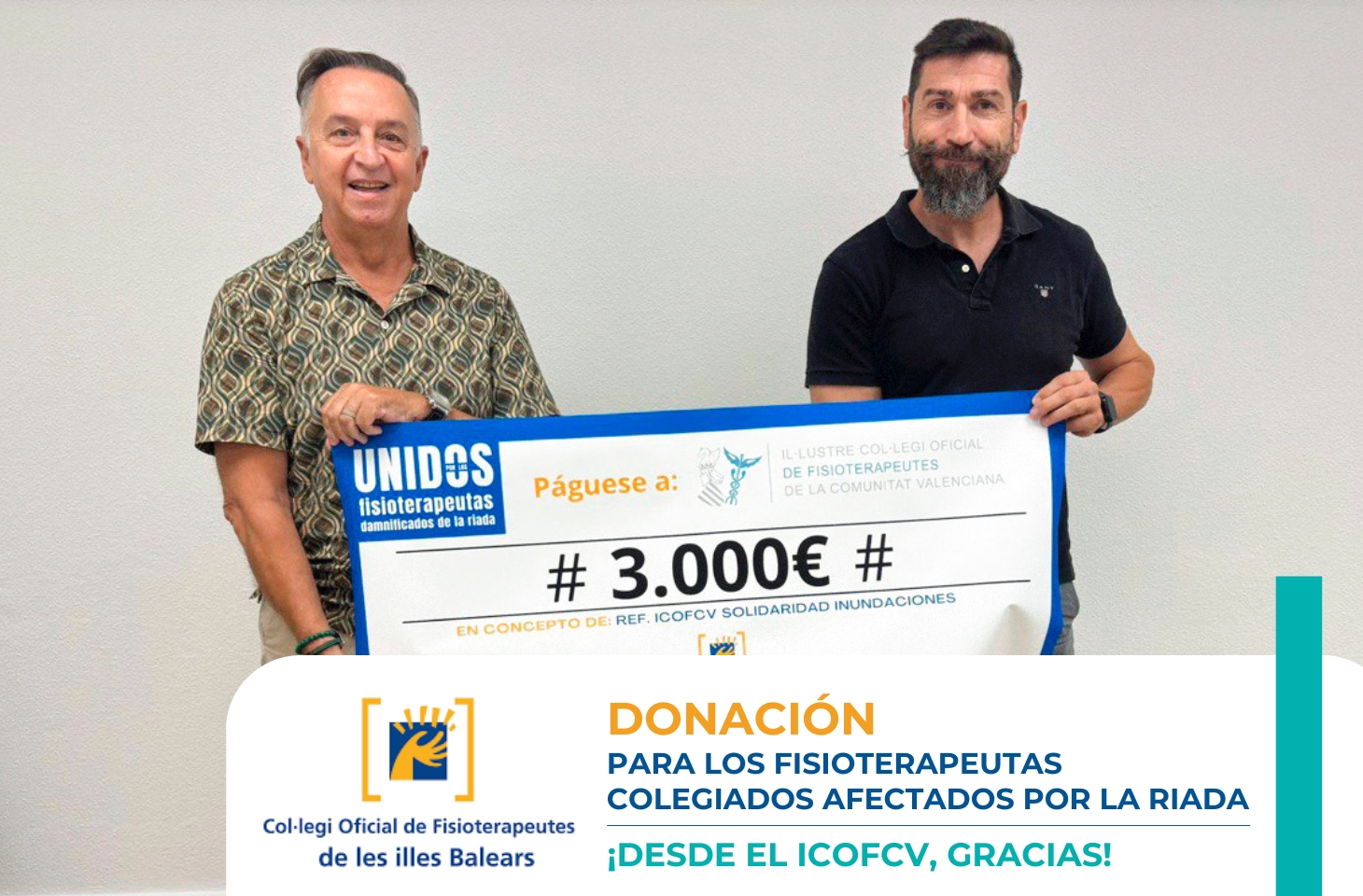 El Colegio de Fisioterapeutas de Baleares dona 3.000 euros para ayudar a los colegiados afectados por la riada de Valencia